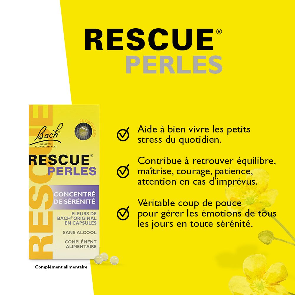 Graphique jaune avec Rescue Perles. Texte : RESCUE, PERLES, Concentré de sérénité. Aide au stress. 18 capsules. Fleurs de Bach.