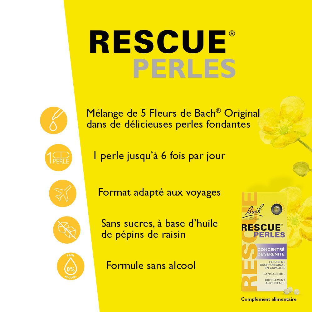 Graphique jaune avec Rescue Perles. Texte : RESCUE, PERLES, Concentré de sérénité. Format voyage. Sans sucre. Sans alcool.