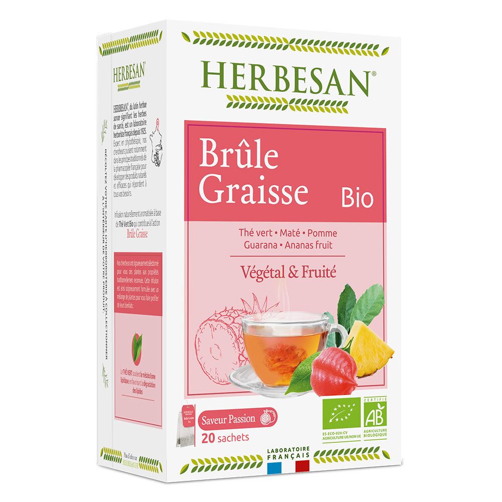 Boîte blanche Herbesan. Nom du produit « Brûle Graisse Bio ». Contient 20 sachets. Certification bio. Label Laboratoire Français.