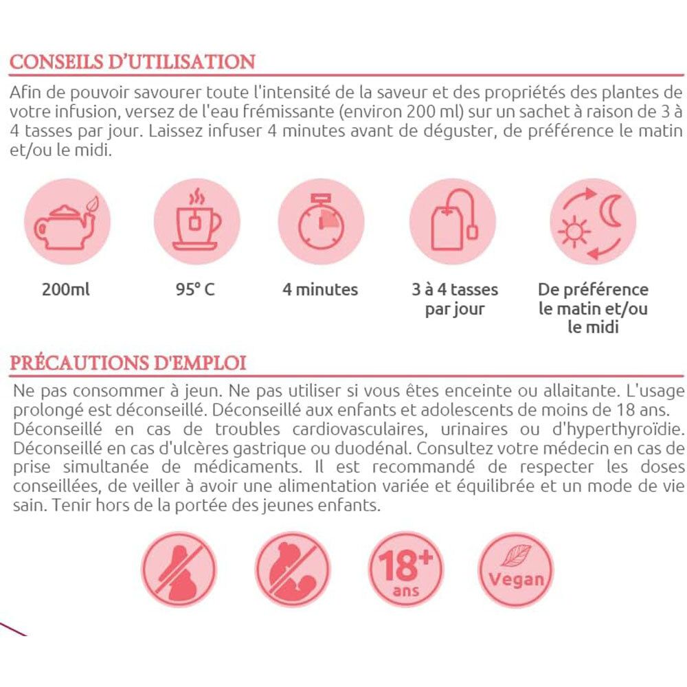 Instructions d'utilisation et précautions. Contient des pictogrammes pour la quantité d'eau, la température, le temps d'infusion et la dose quotidienne.