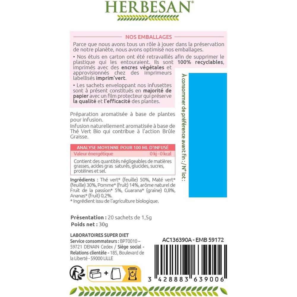 Dos de l'emballage. Contient des informations sur les ingrédients, les valeurs nutritionnelles et le fabricant. Avec logo de recyclage.
