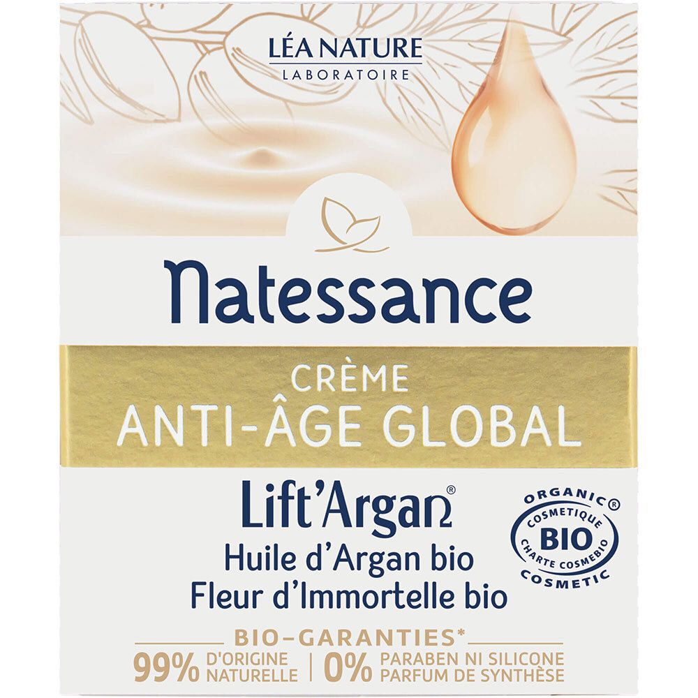 Boîte avec logo de la marque et mentions. Texte: Crème Anti-Âge Global, Lift'Argan, Huile d'Argan bio, Fleur d'Immortelle bio, et label bio.