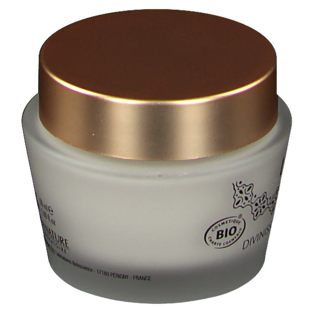 Pot en verre avec couvercle doré. Inscription: Divinissime Immortelle, La Crème. Certification bio. Logo et texte.