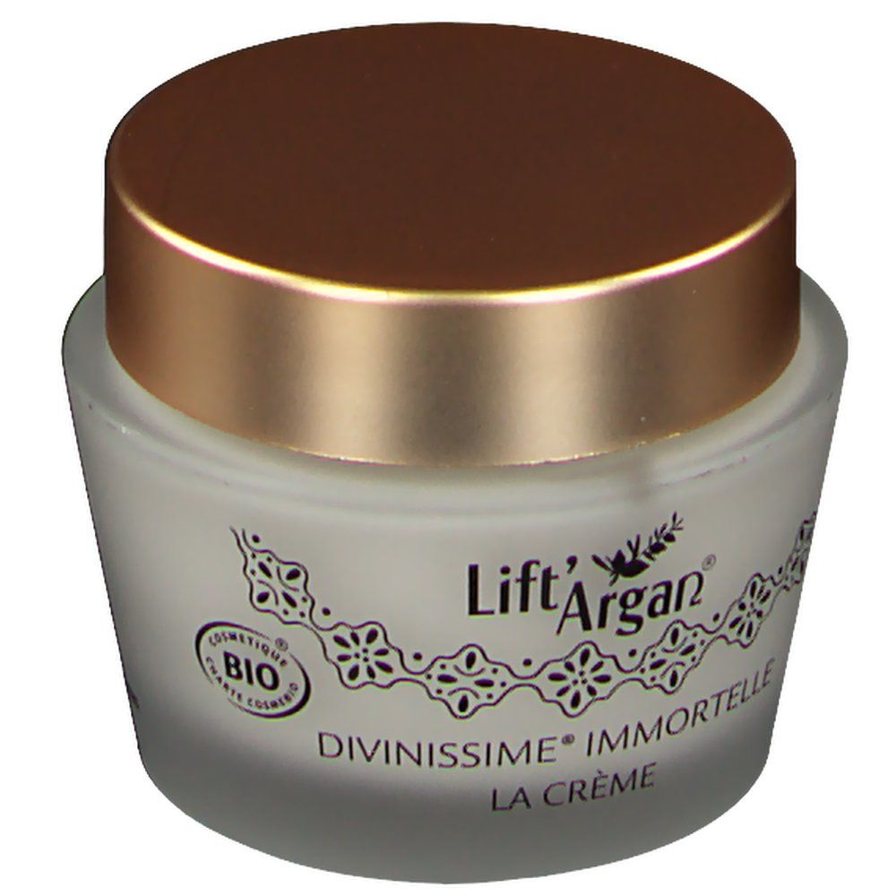 Pot en verre avec couvercle doré. Inscription: Divinissime Immortelle, La Crème. Certification bio. Logo et texte.