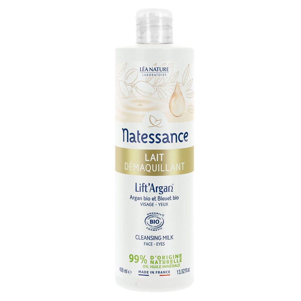 Weiße Flasche mit Etikett. Aufschrift: Natessance Lait Démaquillant Lift'Argan. Bio-Zertifizierung. Gesicht und Augen.