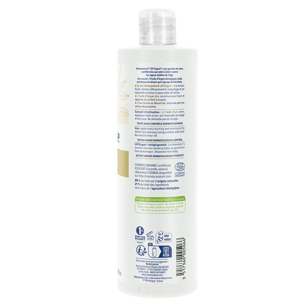 Rückseite der weißen Flasche. Text in Französisch. Bio-Zertifizierung. Logos. Hergestellt in Frankreich. Recycling-Symbole.