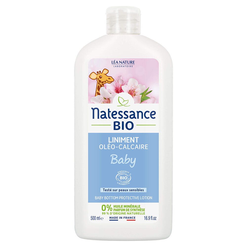 Flacon blanc avec étiquette. Inscription: Natessance BIO, Liniment Oléo-calcaire Baby. Image girafe et fleurs. 500ml.