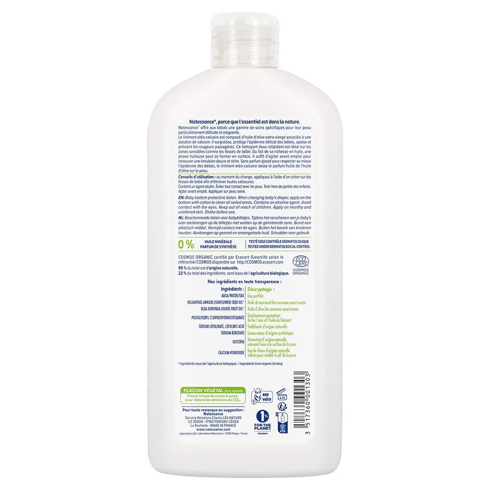 Dos d'un flacon blanc. Texte en français. Liste des ingrédients et certifications. 0% huile minérale, 98% ingrédients naturels.