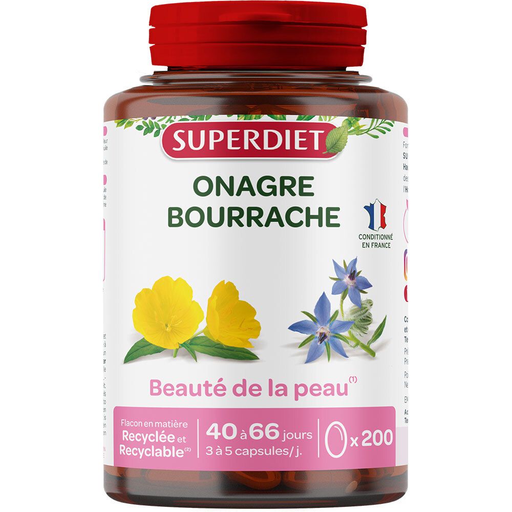Braune Flasche mit rotem Deckel. Aufschrift: Super Diet Onagre Bourrache. 200 Kapseln. Für die Haut.