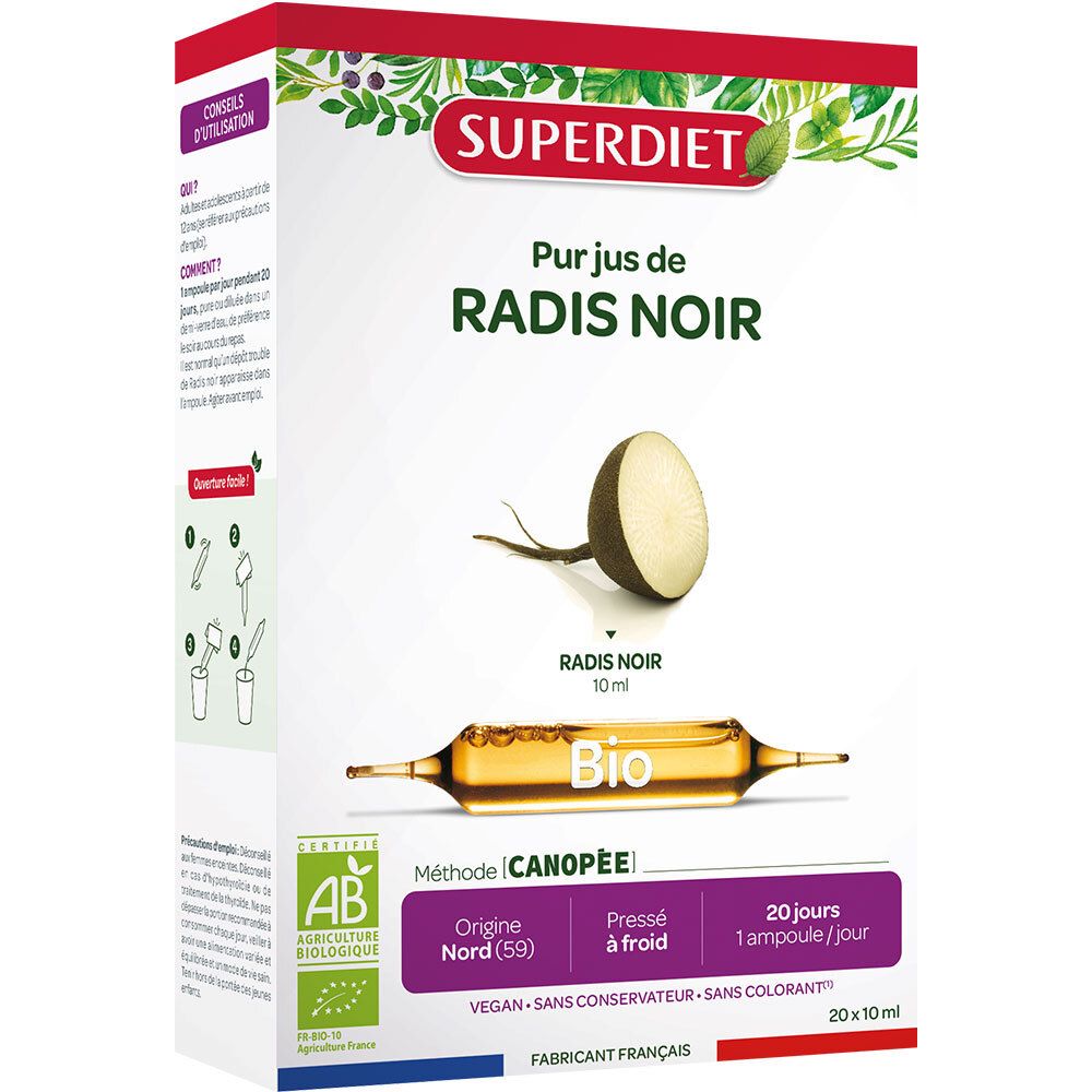 Schachtel mit Superdiet Radis noir bio. Enthält Ampullen. Bio-Zertifizierung. Französische Herstellung.