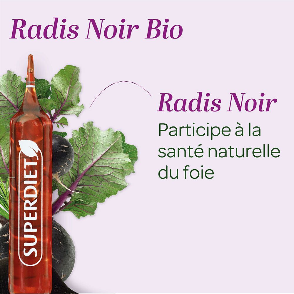 Ampulle Radis Noir Bio. Text: Radis Noir. Fördert die natürliche Gesundheit der Leber.