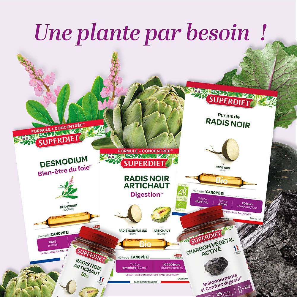 Verschiedene Superdiet-Produkte. Radis Noir, Desmodium, Artischocke. Flaschen und Schachteln.