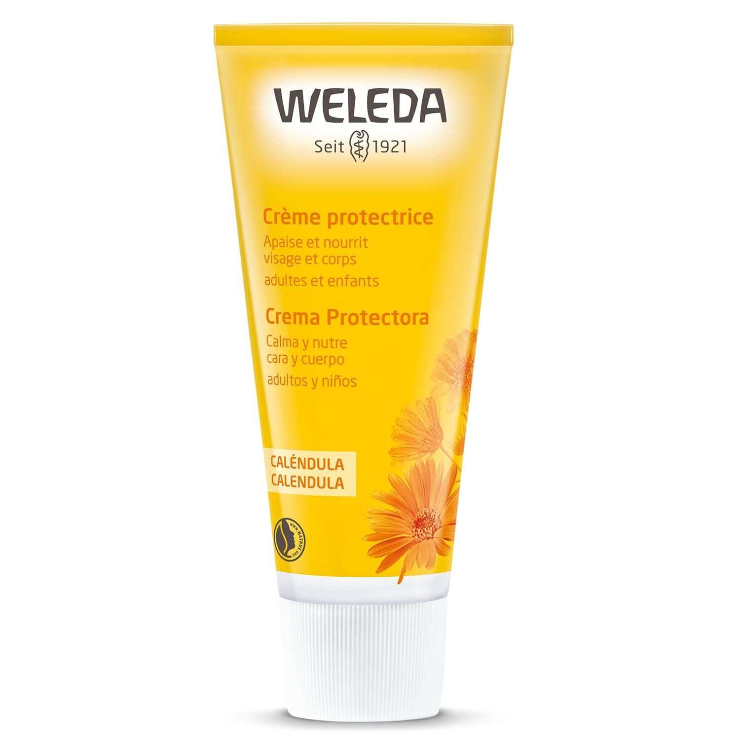 Tube jaune avec logo et nom du produit. Texte : Crème protectrice. Fleurs de Calendula. Bouchon blanc.
