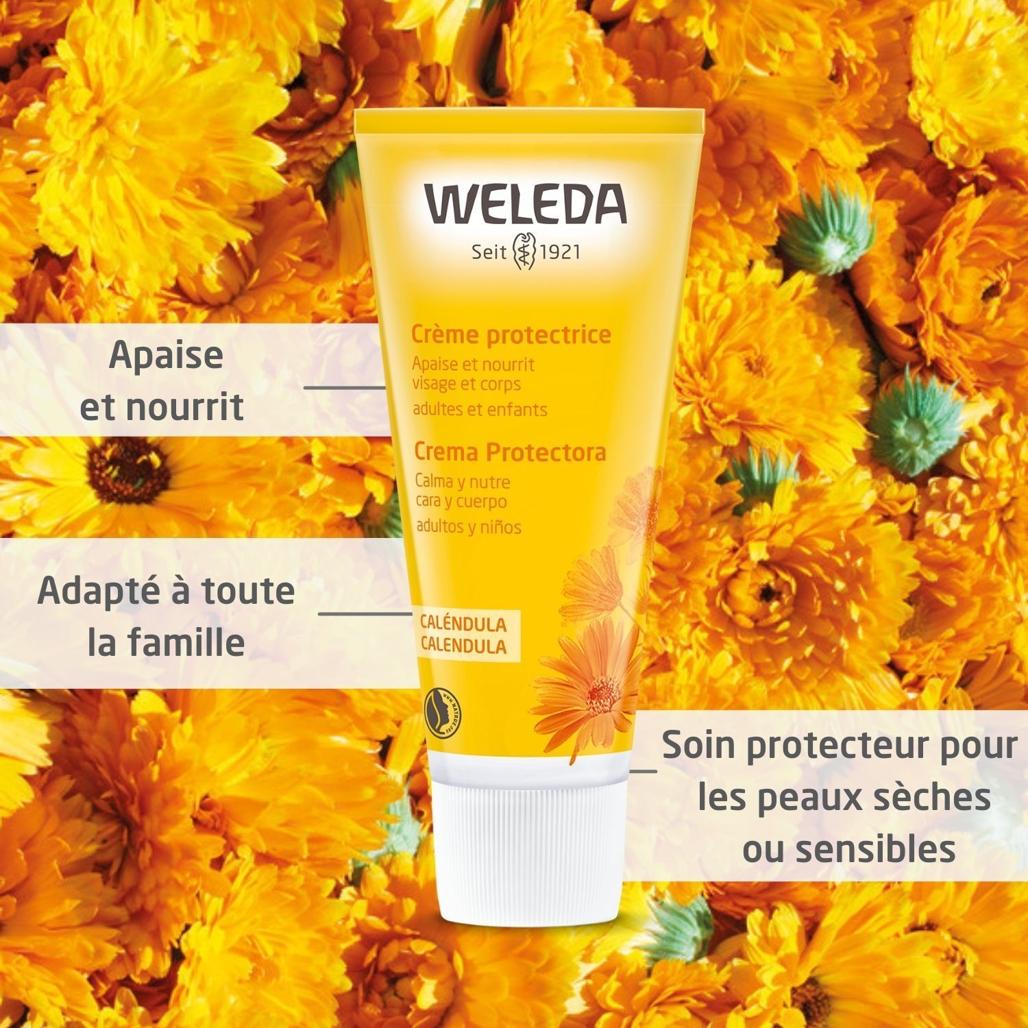 Tube jaune devant un fond de fleurs de Calendula. Texte : Crème protectrice. Pour peaux sèches ou sensibles.