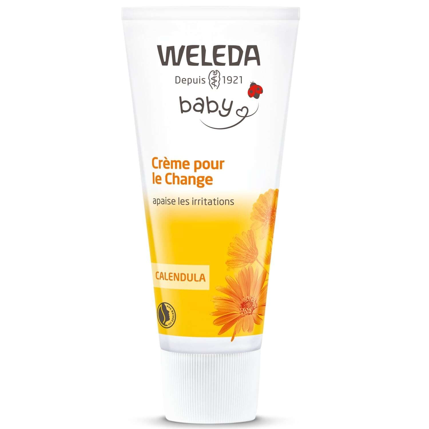 Weleda Babycreme-Tube. Weißes Tube mit gelbem Aufdruck. Enthält Calendula-Extrakt. Mit Logo und Text.
