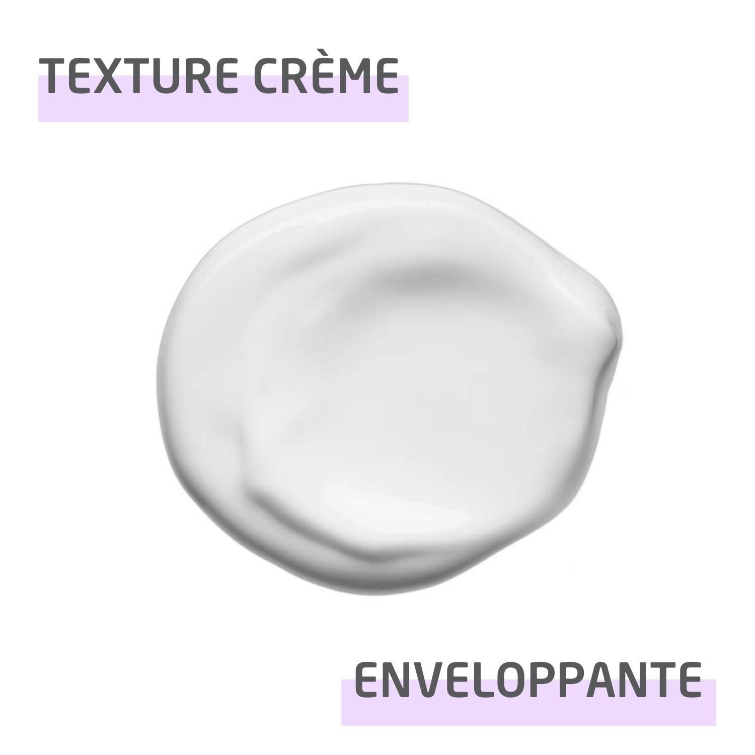 Nahaufnahme einer weißen Creme. Text: Texture crème, enveloppante.