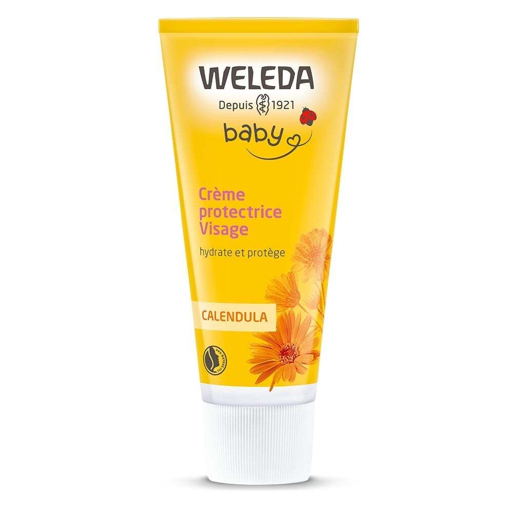 Tube jaune de crème protectrice visage Weleda Baby. Inscription: Calendula, Bio. Logo bébé et coccinelle.
