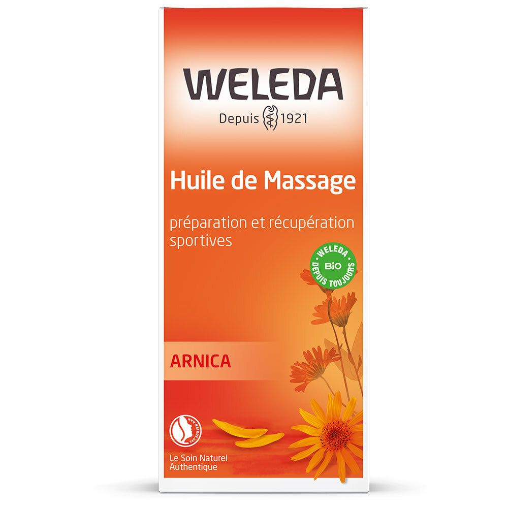 Weleda-Produktetikett. Orangefarbener Hintergrund mit Produktnamen und -details. Arnika-Blüten-Illustration.