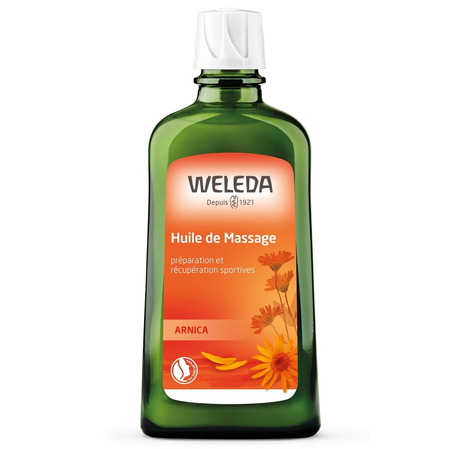 Grüne Glasflasche mit weißem Verschluss. Etikett mit Produktnamen und -details. Arnika-Blüten-Illustration.