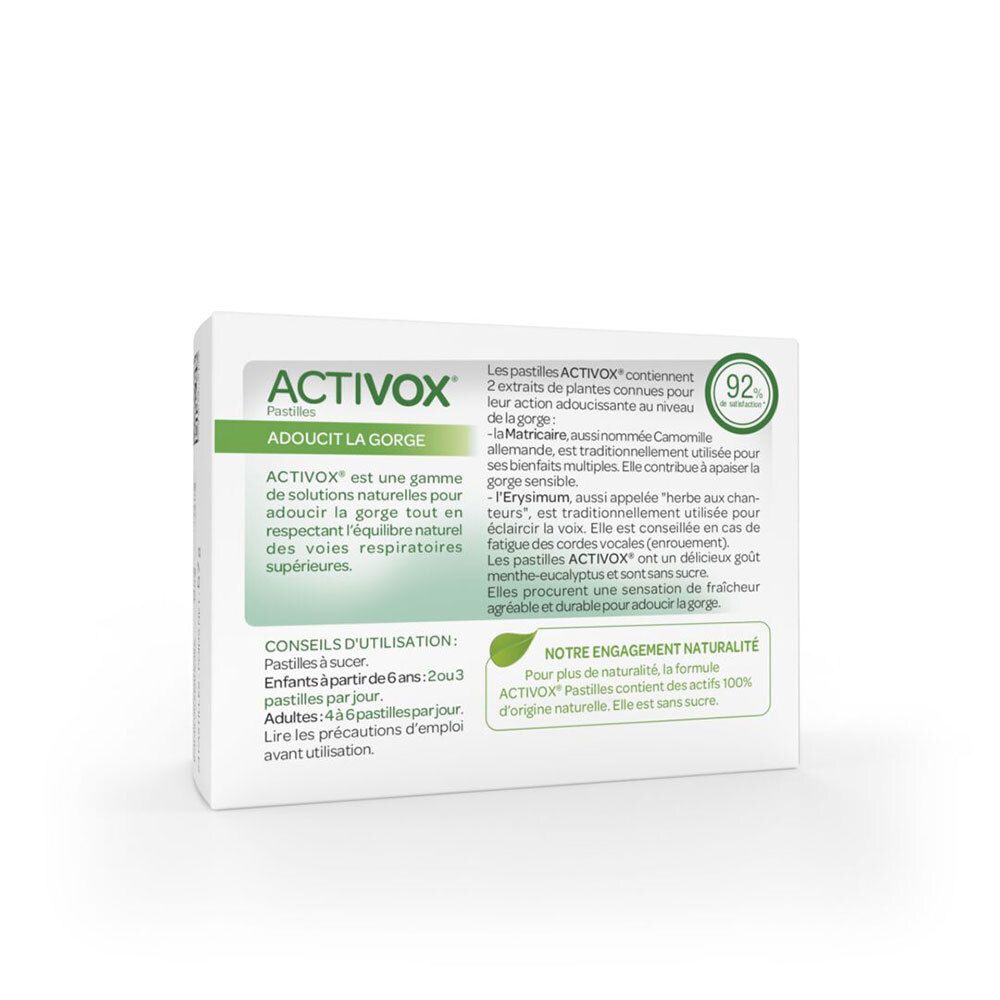 Dos de la boîte ACTIVOX. Texte vert et blanc. Contient 24 pastilles. Sans sucre. 92% ingrédients naturels.