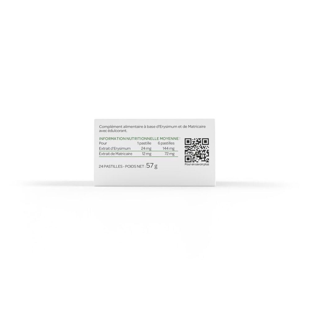 Vue latérale de la boîte ACTIVOX. Informations nutritionnelles. 24 pastilles. Poids : 57g. Codes QR.