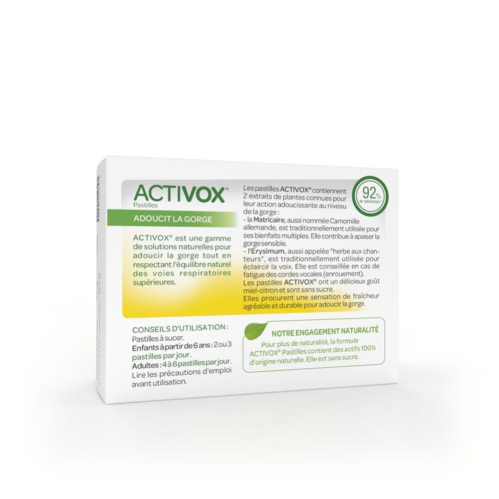 Dos de la boîte Activox. Texte: Adoucit la gorge, 92% de satisfaction, mode d'emploi, ingrédients, sans sucre.