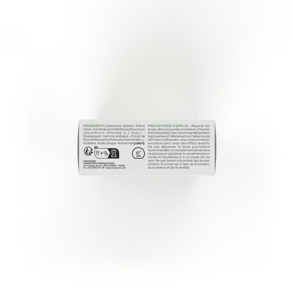 Dessous de la boîte Activox. Texte: Ingrédients, précautions, signe 6+, code QR, numéro de lot.