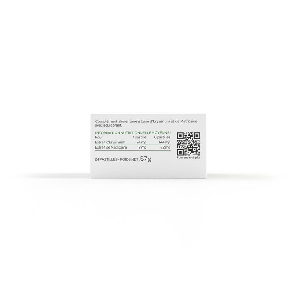 Dos de la boîte Activox. Texte: Informations nutritionnelles, 24 pastilles, 57g, code QR, signe 6+.