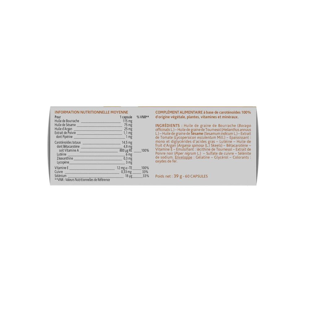 Beige Tablettenpackung mit Nährwertinformationen. Enthält Inhaltsstoffe wie Öl, Vitamine und Mineralien.