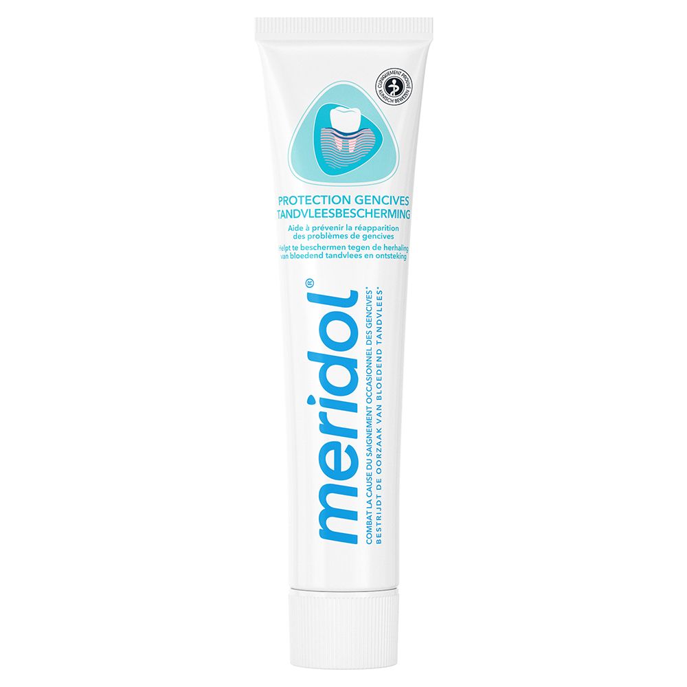 Zahnpasta-Tube "meridol" mit "Protection Gencives". Weiß, blaues Logo.