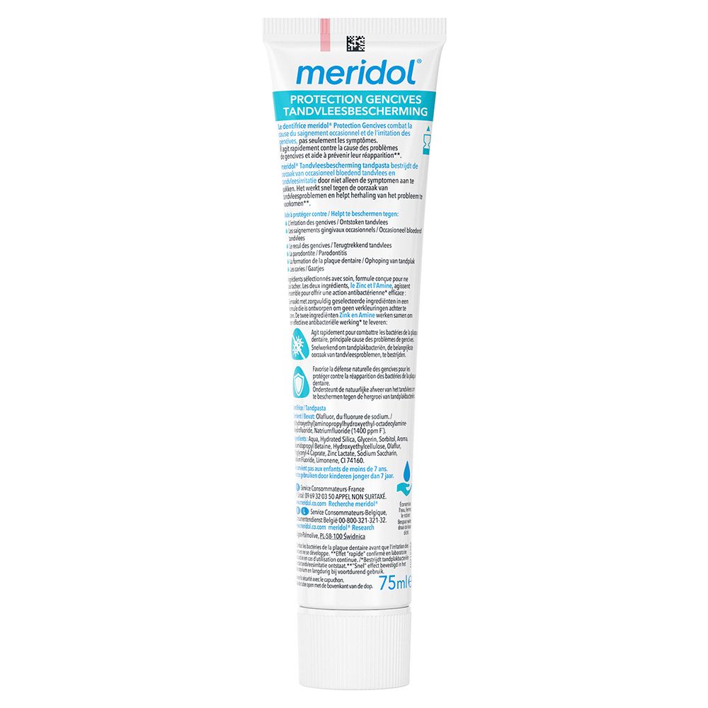 Rückseite der Zahnpasta-Tube "meridol". Text in mehreren Sprachen.