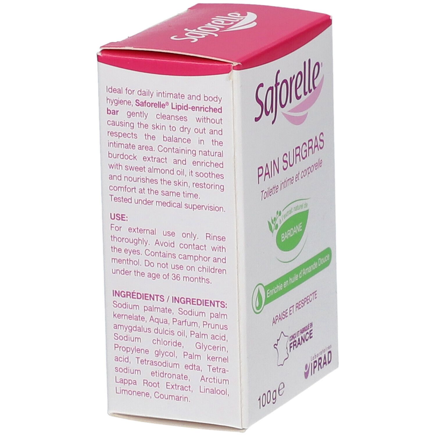 Seife Saforelle, Verpackung. Text auf der Seite: Anwendung, Inhaltsstoffe. Weißer Karton mit rosa Deckel.