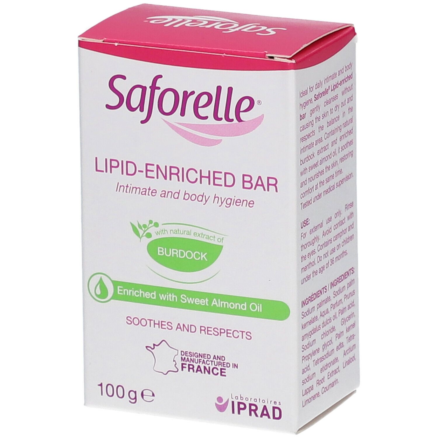 Saforelle Seife, Verpackung. Weißer Karton mit rosa Deckel. Produktname und Inhaltsstoffe sind aufgedruckt.