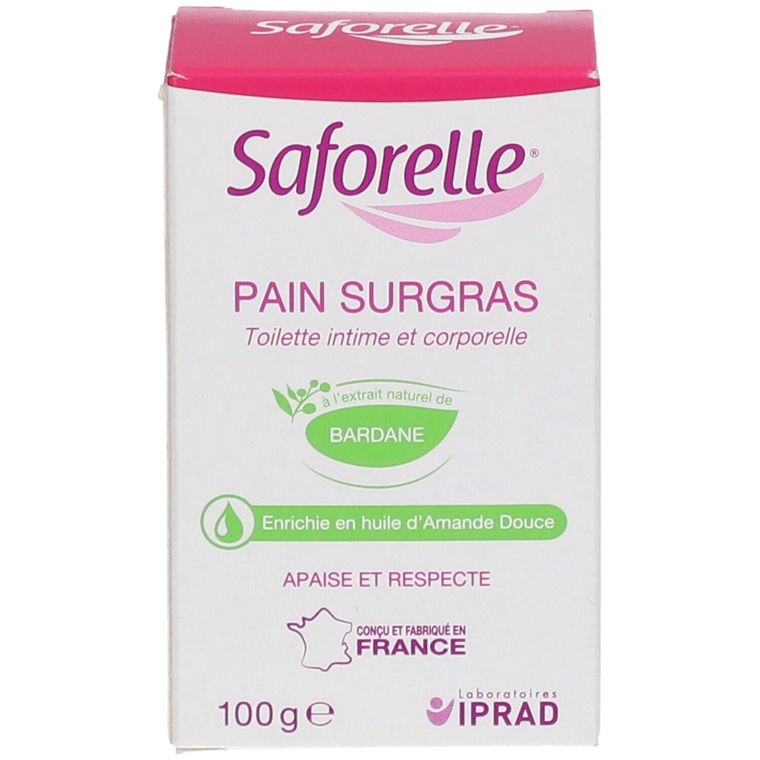 Verpackung von Saforelle Seife. Weißer Karton mit rosa Deckel. Produktname und Inhaltsstoffe sind aufgedruckt.