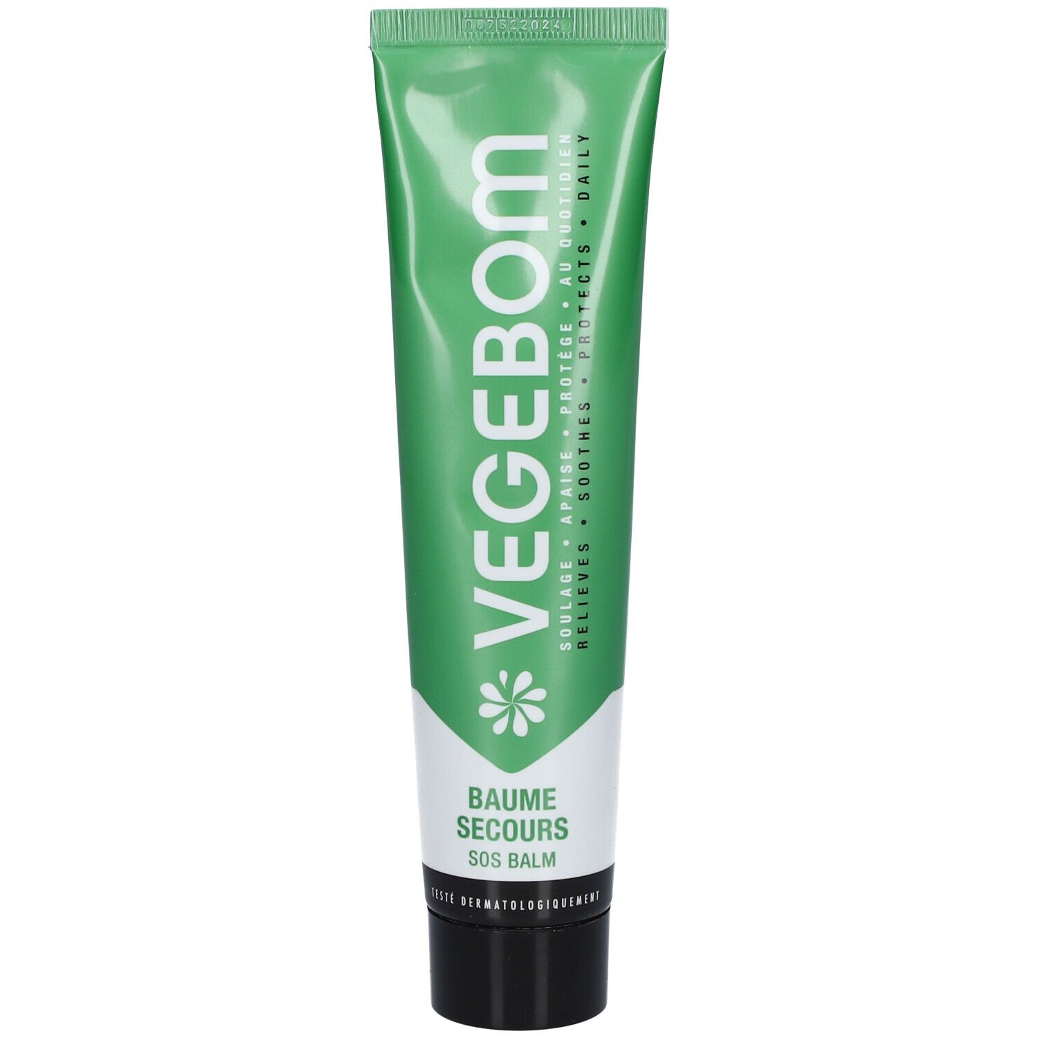 Grüne Tube mit weißer Schrift. Aufschrift: VEGEBOM, BAUME SECOURS, SOS BALM. Dermatologisch getestet.