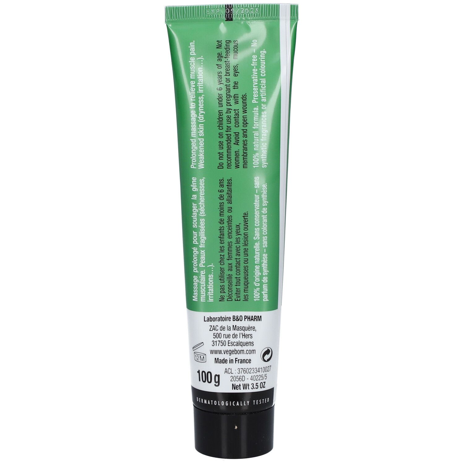 Rückseite der grünen Tube. Textinformationen, Inhaltsstoffe, Herstelleradresse, Gewicht 100g. Dermatologisch getestet.