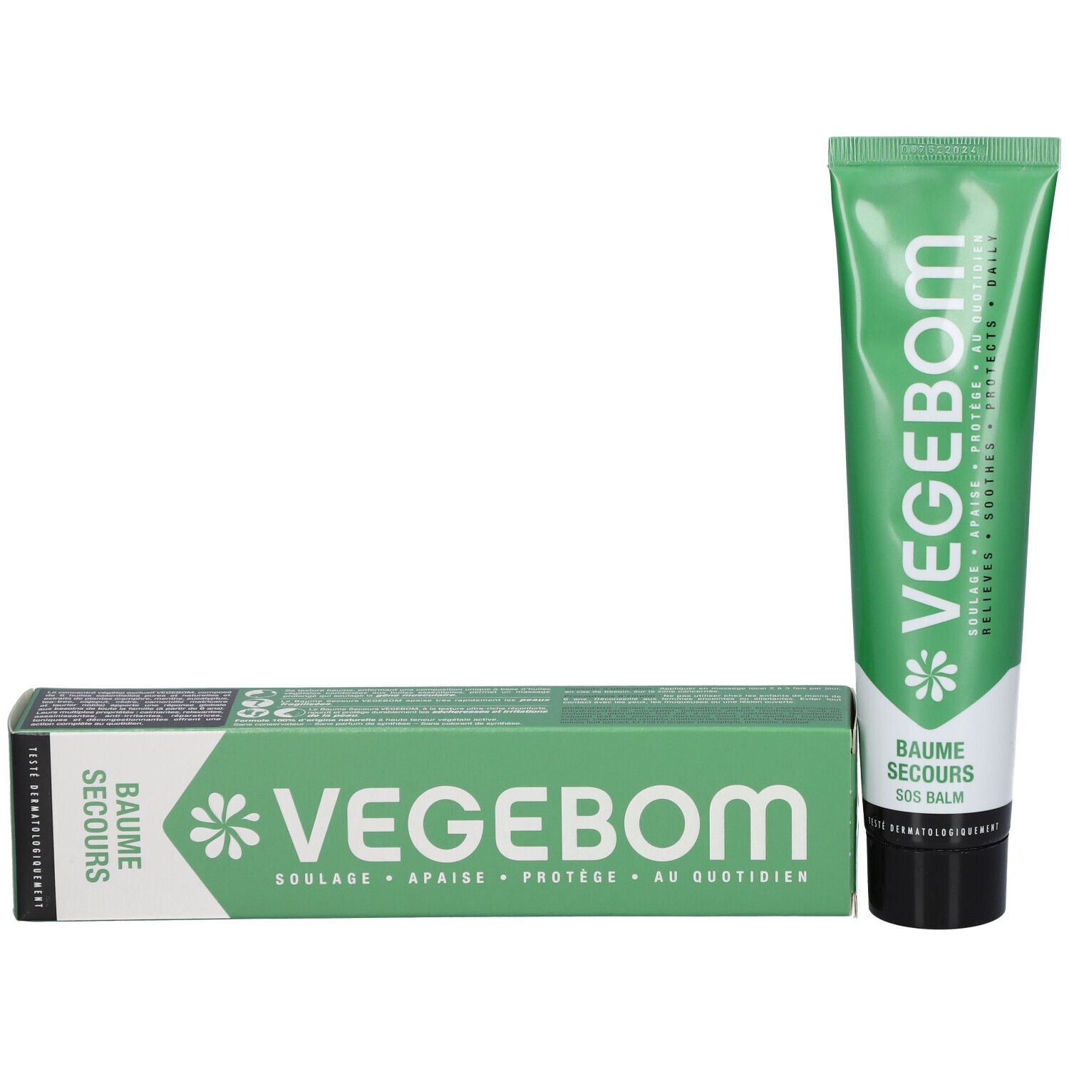 Produktverpackung: Tube und Schachtel. Schachtel grün mit weißer Schrift: VEGEBOM, BAUME SECOURS. Dermatologisch getestet.