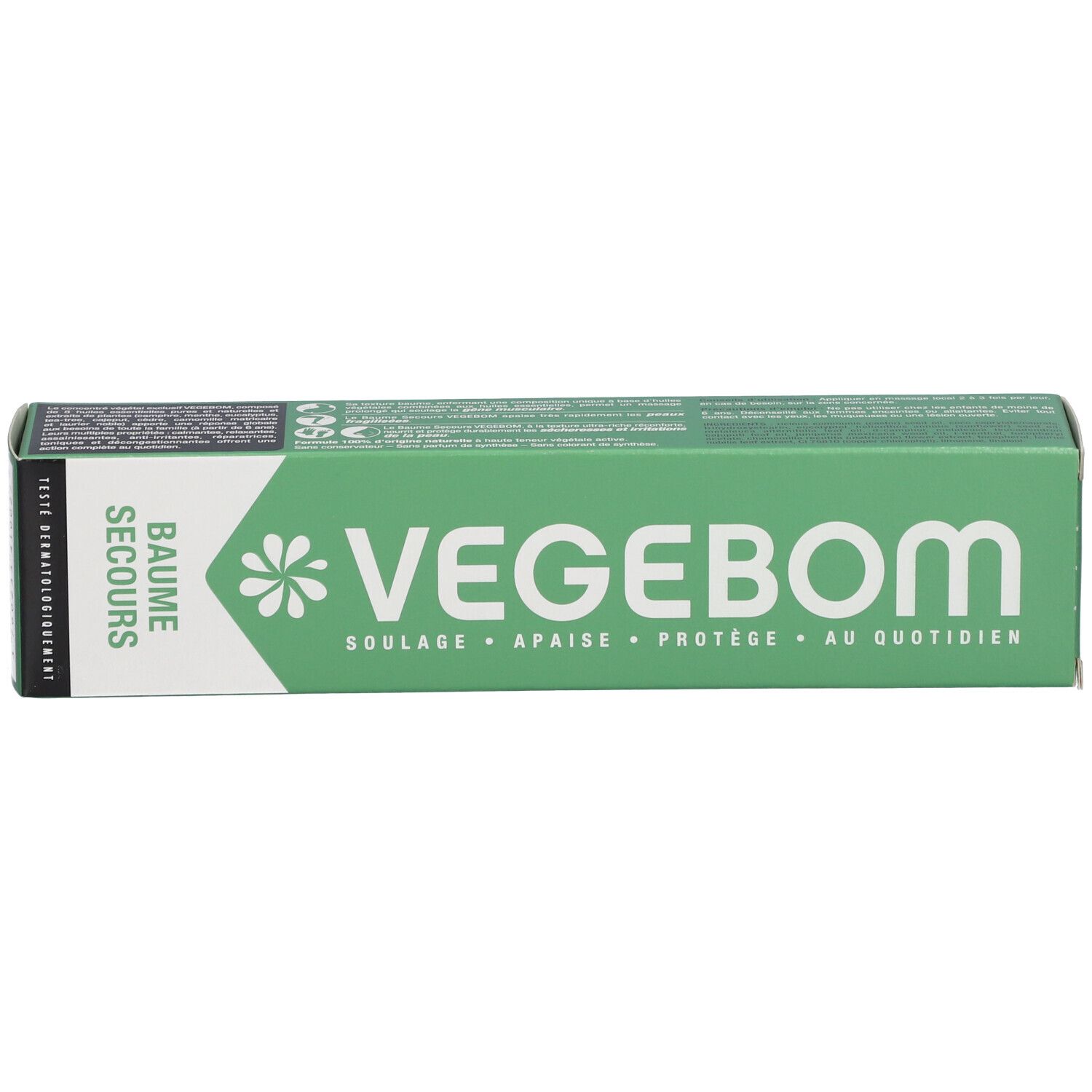 Grüne Schachtel mit weißer Schrift: VEGEBOM, BAUME SECOURS. Aufschrift: SOULAGE, APAISE, PROTEGE, AU QUOTIDIEN. Dermatologisch getestet.