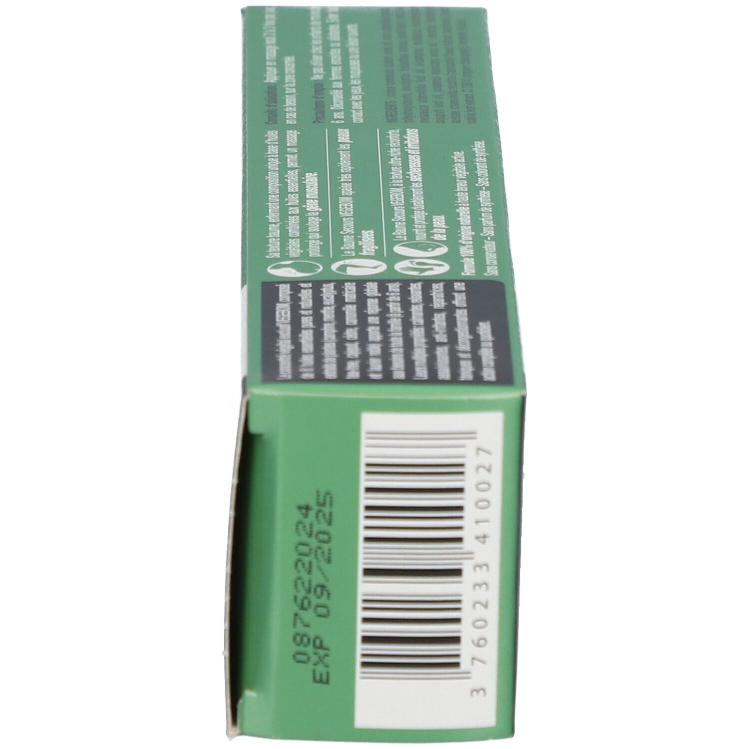 Seitenansicht der grünen Schachtel. Barcode, Verfallsdatum, Chargennummer. Textinformationen.