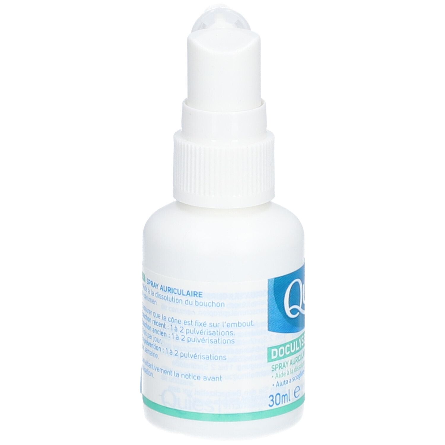 Flacon blanc avec embout spray. Inscription: Quies Doculyse Spray auriculaire. 30ml.