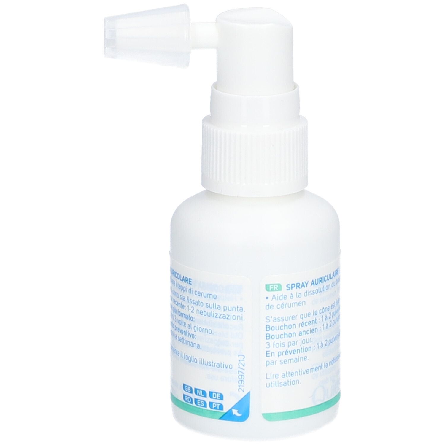 Flacon blanc avec embout spray. Inscription: Quies Doculyse Spray auriculaire. 30ml.