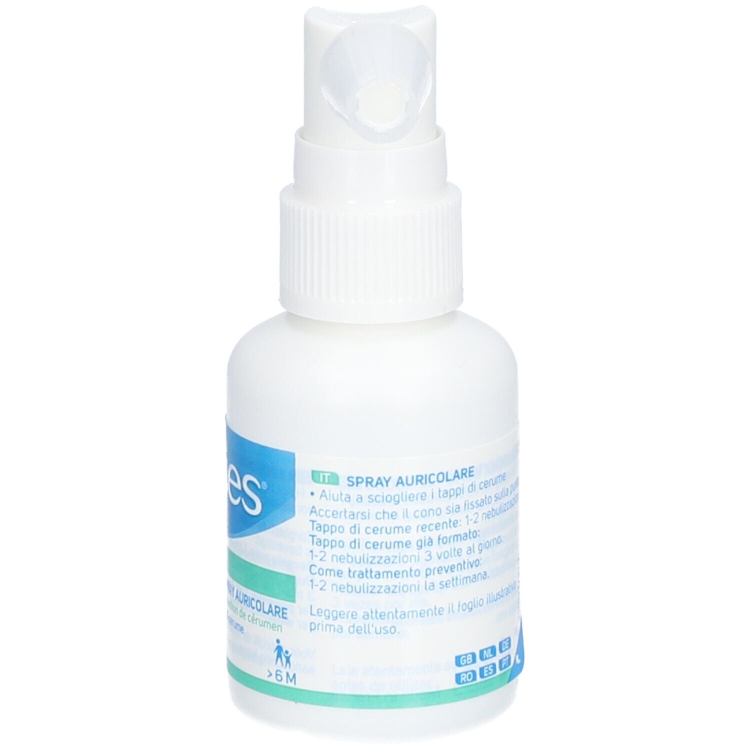 Flacon blanc avec embout spray. Inscription: Quies Doculyse Spray auriculaire. 30ml.