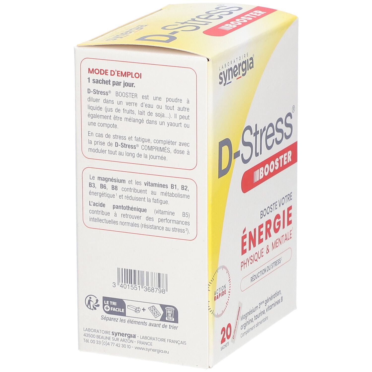 Dos de la boîte D-Stress Booster. Texte sur l'utilisation et les ingrédients. Marque: Synergia.