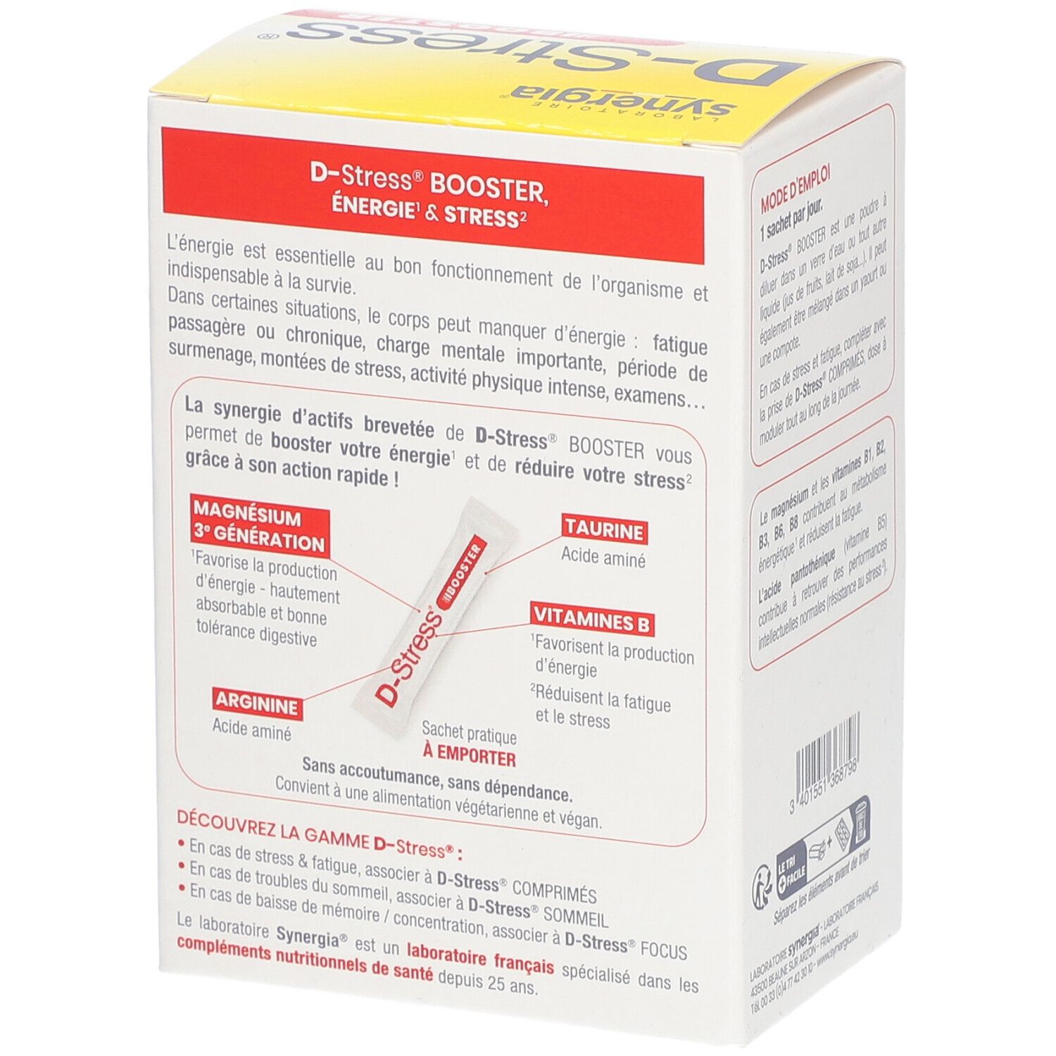 Boîte D-Stress Booster avec texte sur énergie et stress. Sachet unique illustré. Marque: Synergia.