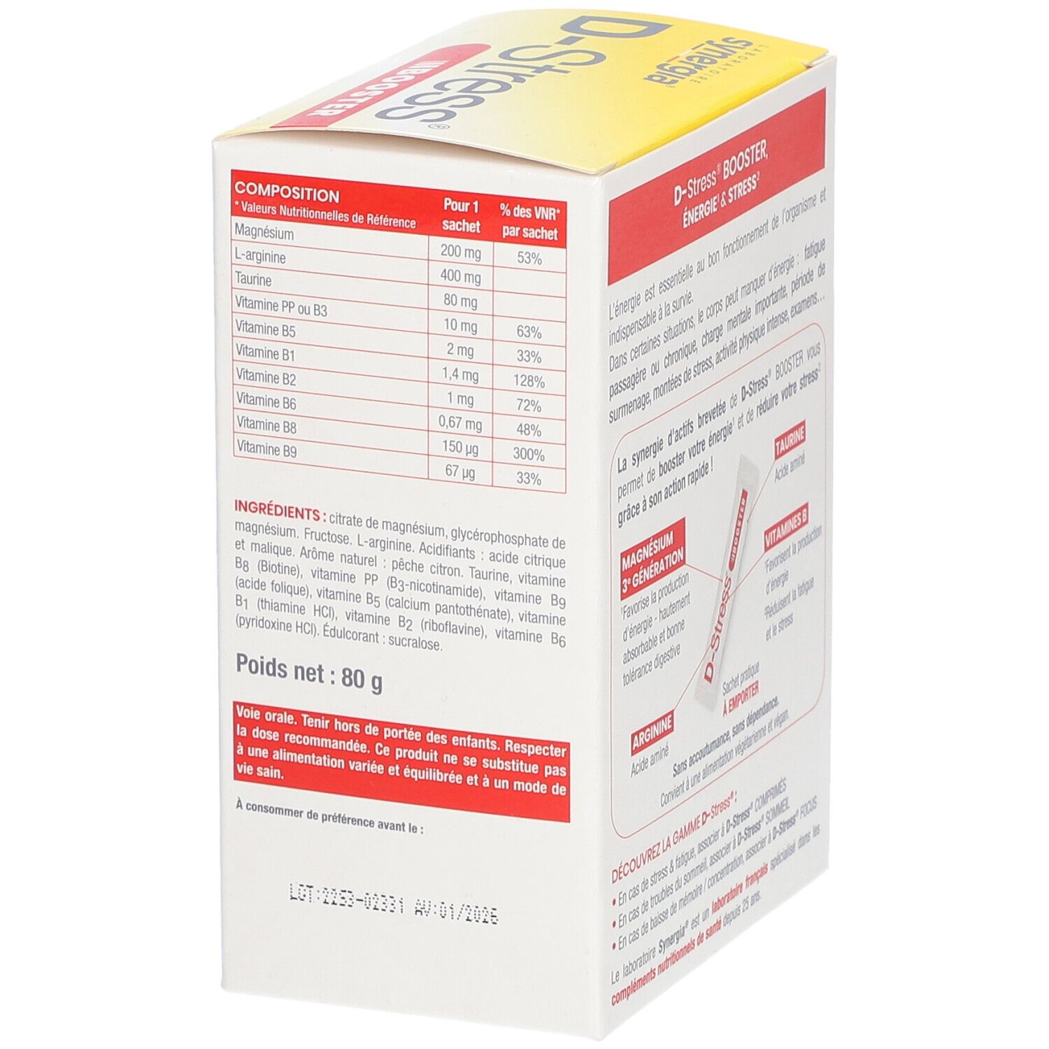 Boîte D-Stress Booster avec informations sur les ingrédients. Poids: 80 g. Marque: Synergia.