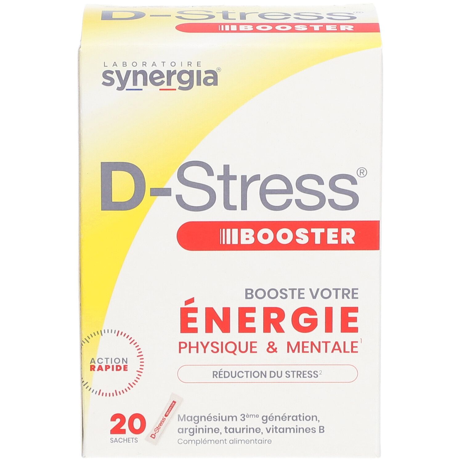 Face avant de la boîte D-Stress Booster. Inscription: Énergie physique & mentale. 20 sachets. Marque: Synergia.