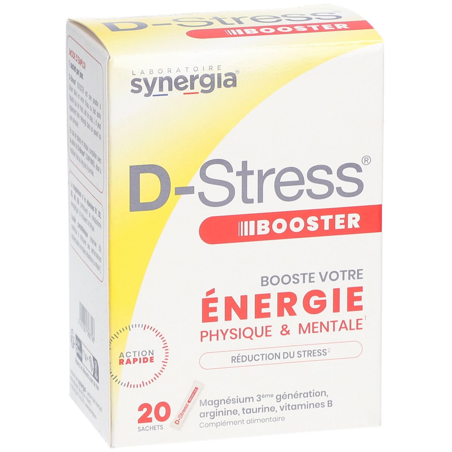 Boîte D-Stress Booster. Inscription: Énergie physique & mentale. 20 sachets. Marque: Synergia.