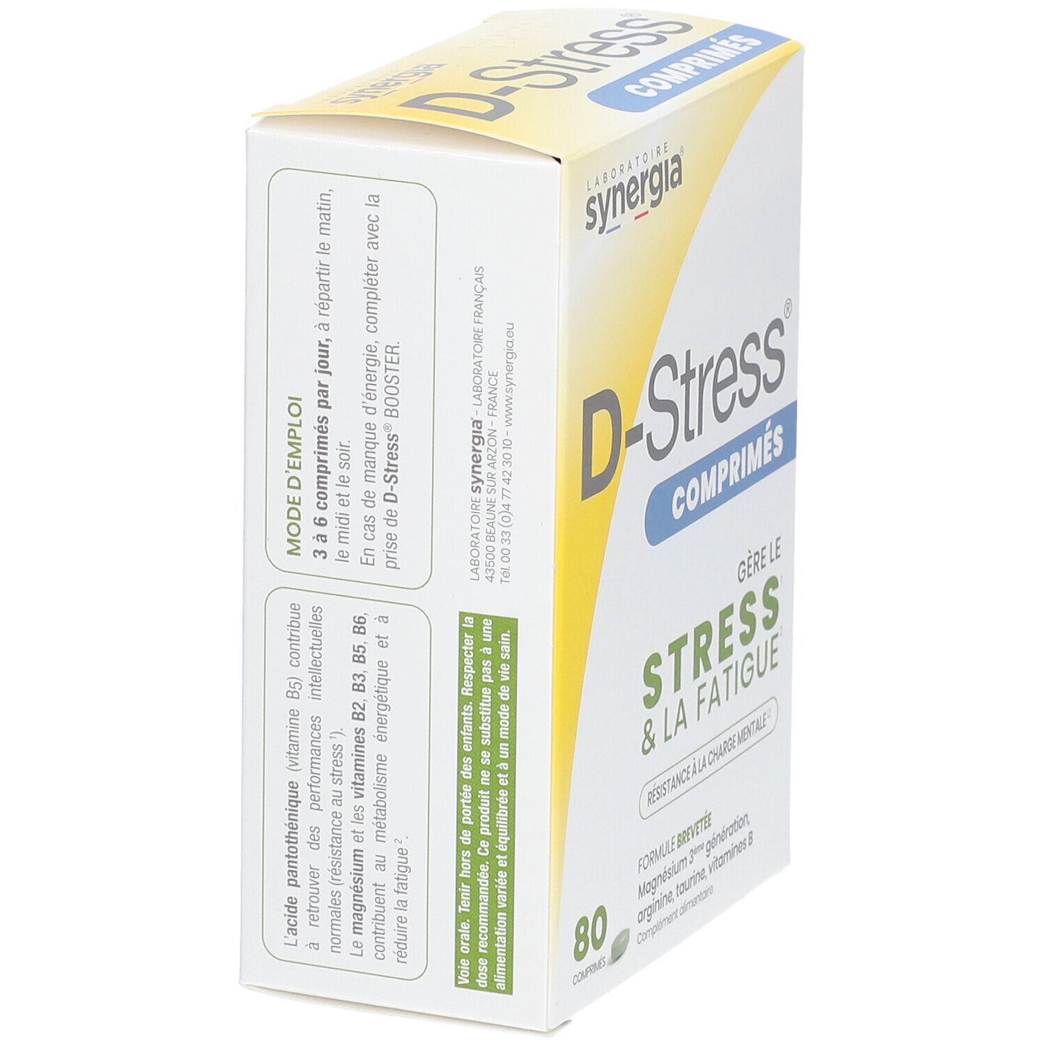 Boîte de comprimés D-Stress. Inscription: D-Stress, 80 comprimés, Stress & Fatigue. Dos avec texte et ingrédients.
