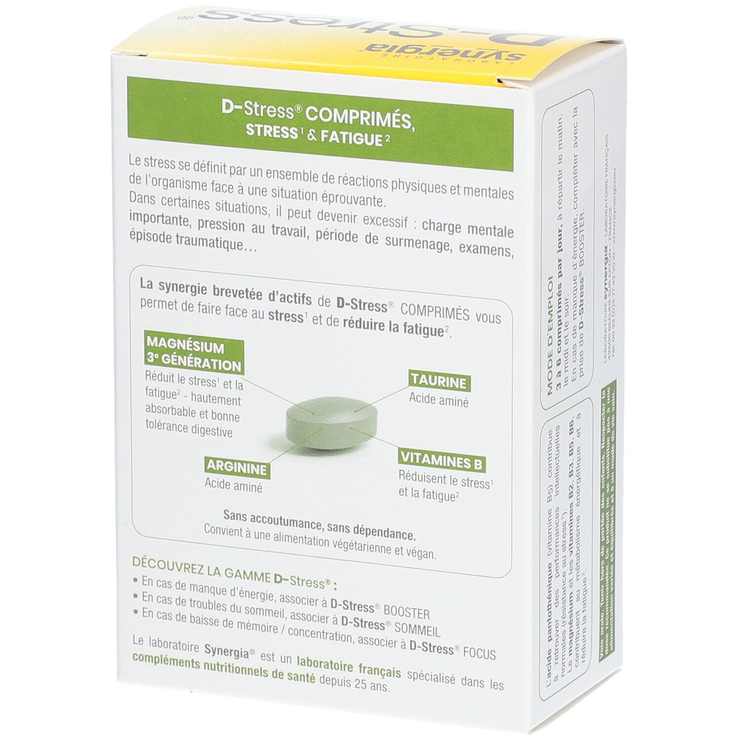 Boîte de comprimés D-Stress. Inscription: D-Stress, Stress & Fatigue. Dos avec ingrédients et actifs.