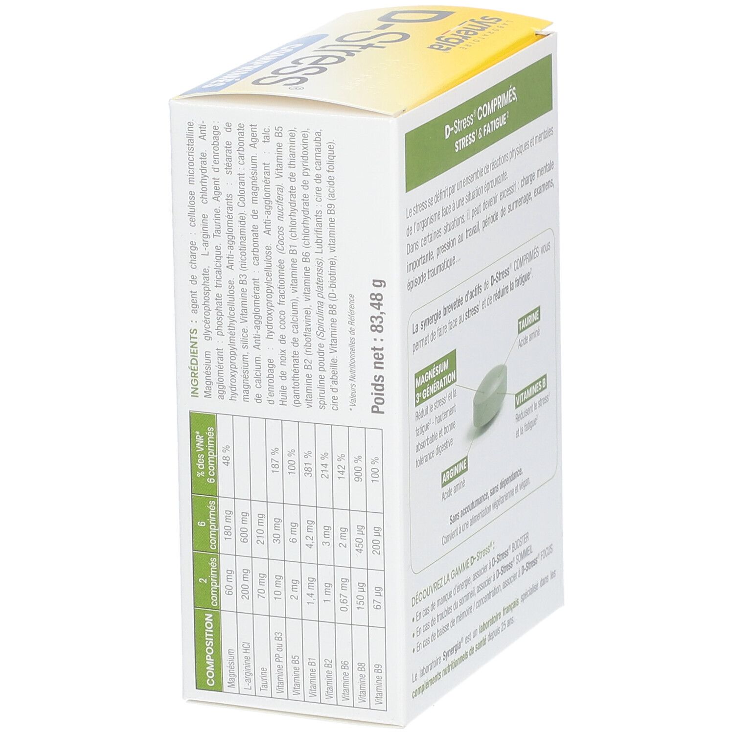 Boîte de comprimés D-Stress. Inscription: D-Stress, 83,48 g. Dos avec ingrédients et informations nutritionnelles.